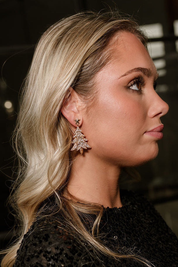Christmas Tree Gold & Pearl Earrings - close side view