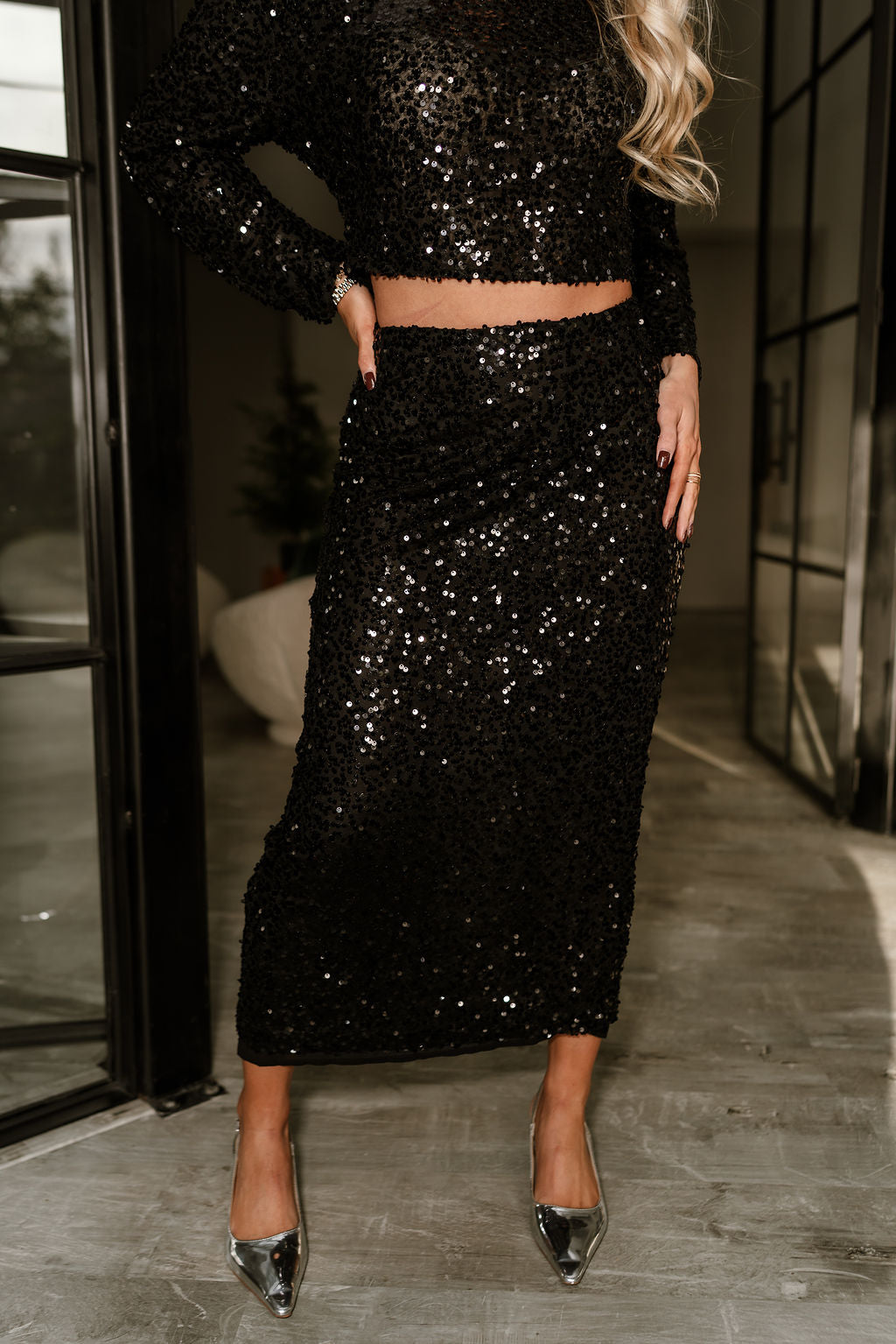Alora Black Sequin Midi Skirt-front view