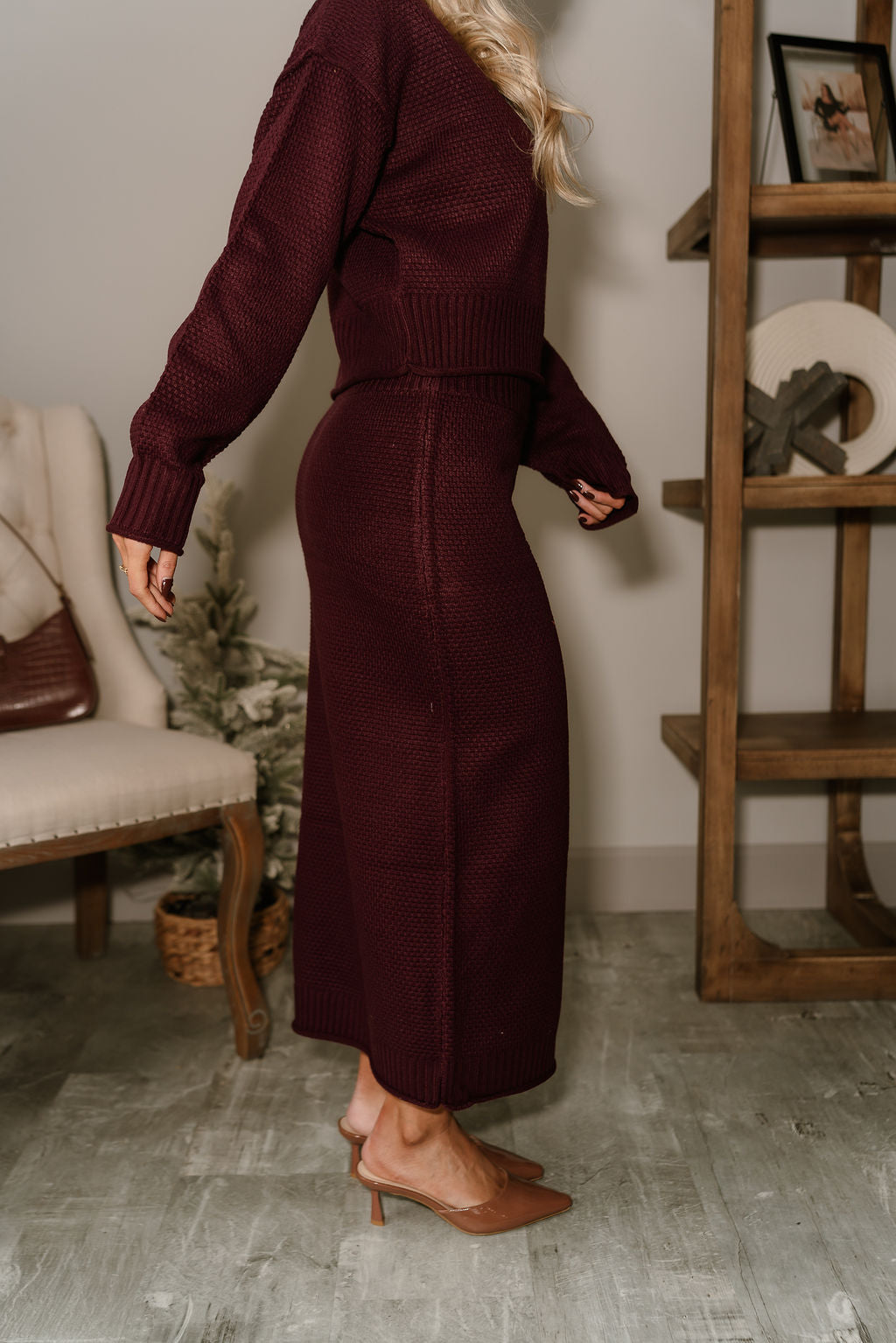 Raelyn Plum Purple Knit Skirt- close up side view