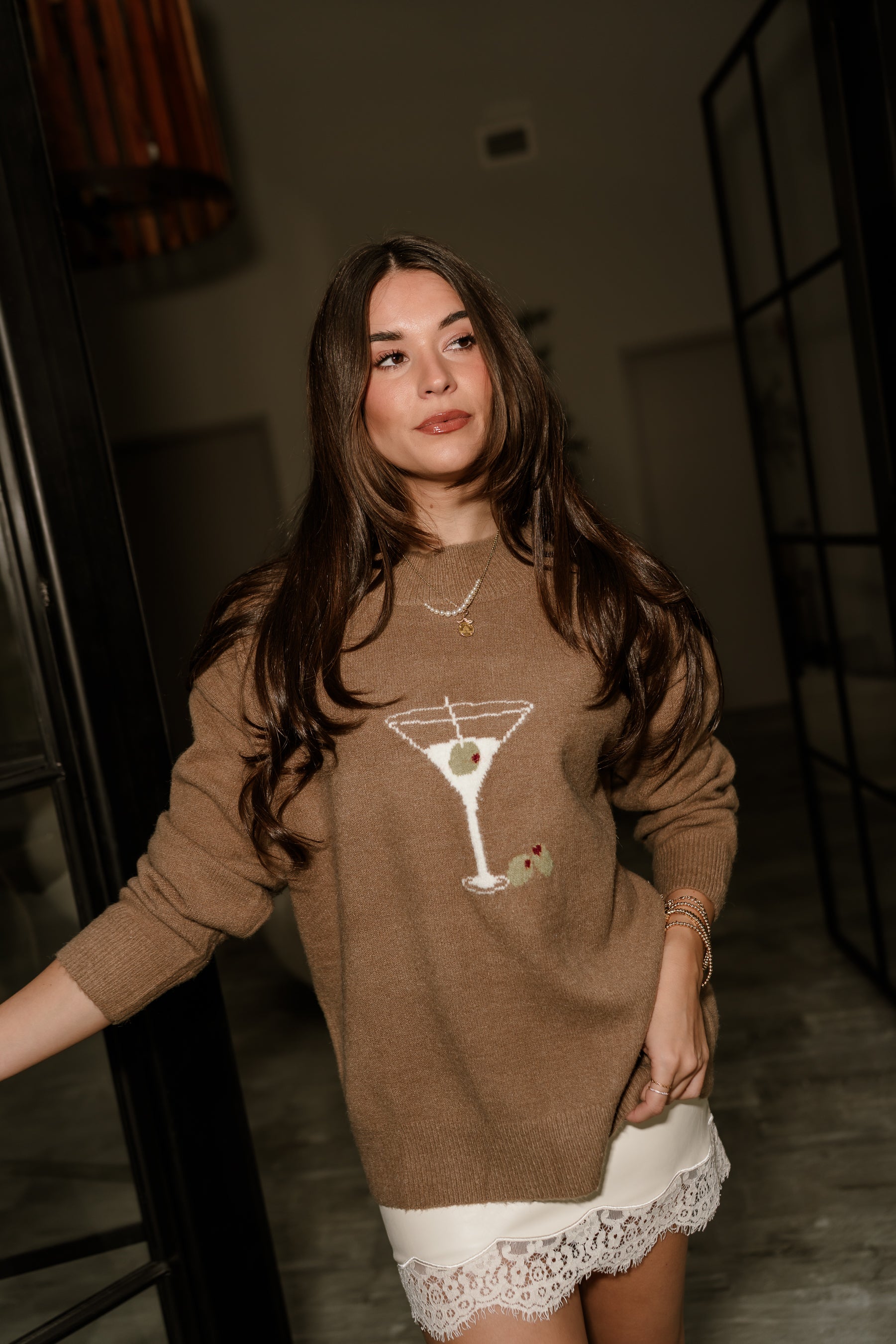 Celina Taupe Martini & Olives Knit Sweater- close up front view
