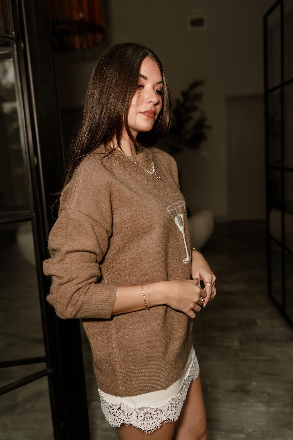 Celina Taupe Martini & Olives Knit Sweater- side view