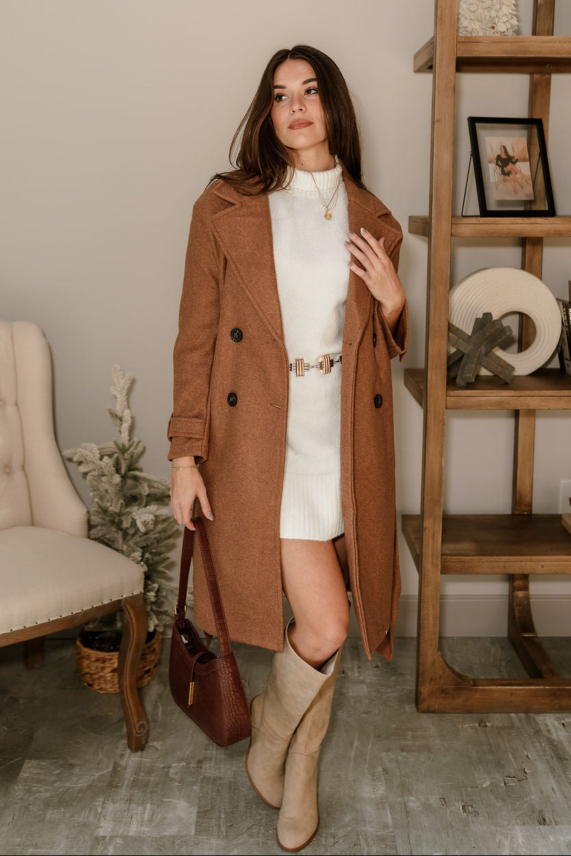 Stella Camel Brown Tie Waist Coat - full body view