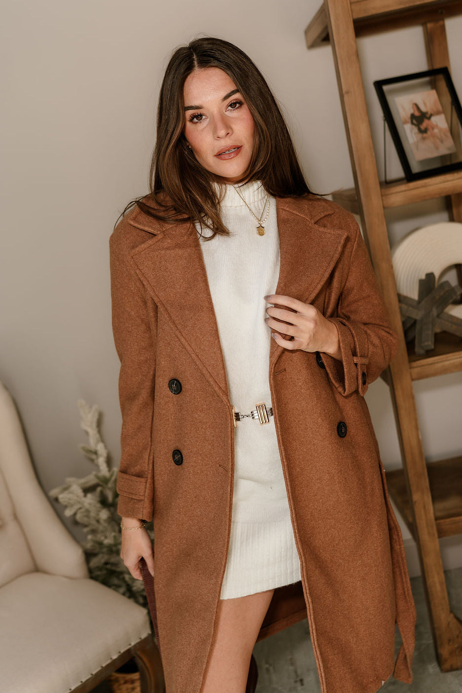 Stella Camel Brown Tie Waist Coat - front view