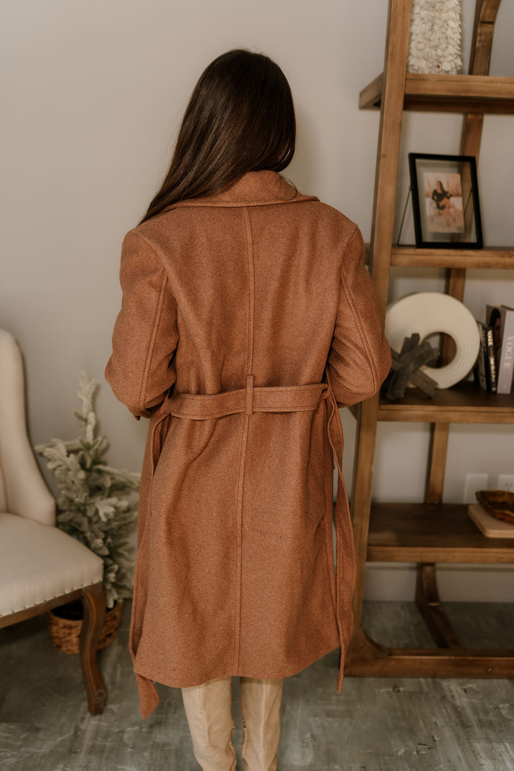 Stella Camel Brown Tie Waist Coat - close up back view