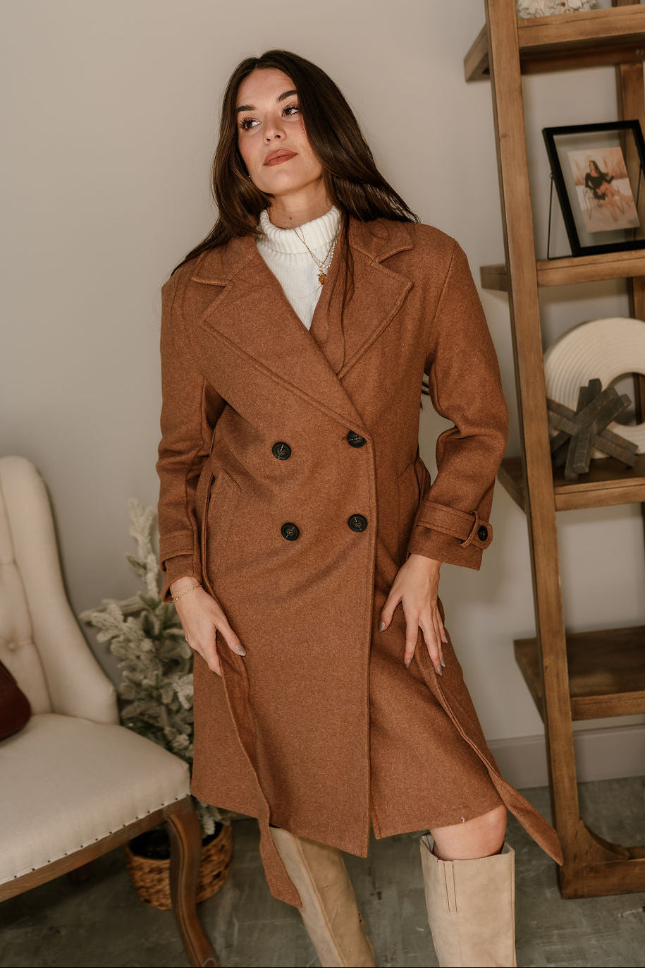 Stella Camel Brown Tie Waist Coat - full top view