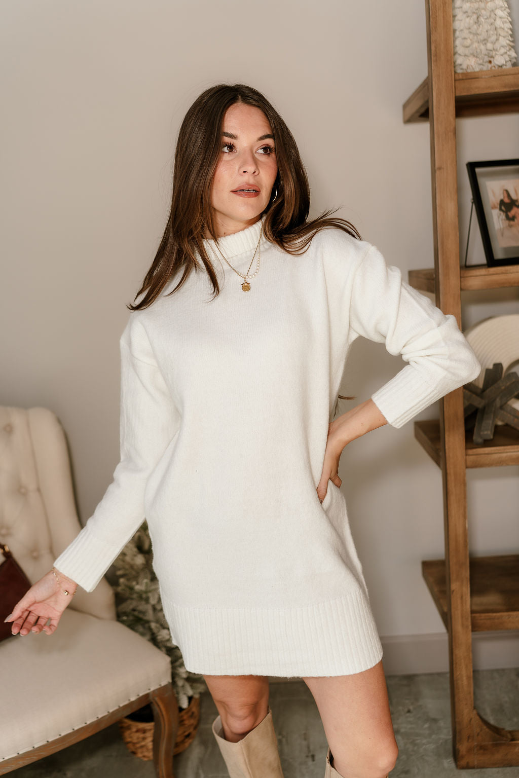 Sophie Cream Mini Sweater Dress- top view