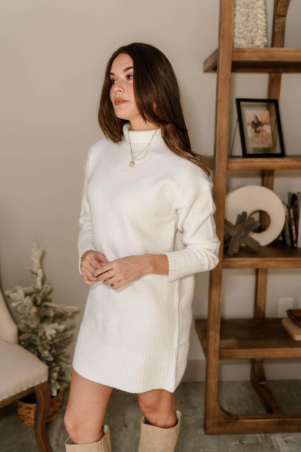 Sophie Cream Mini Sweater Dress- side view