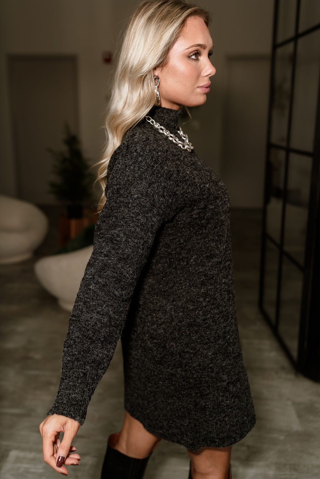 Sophie Black Mini Sweater Dress- close up side view