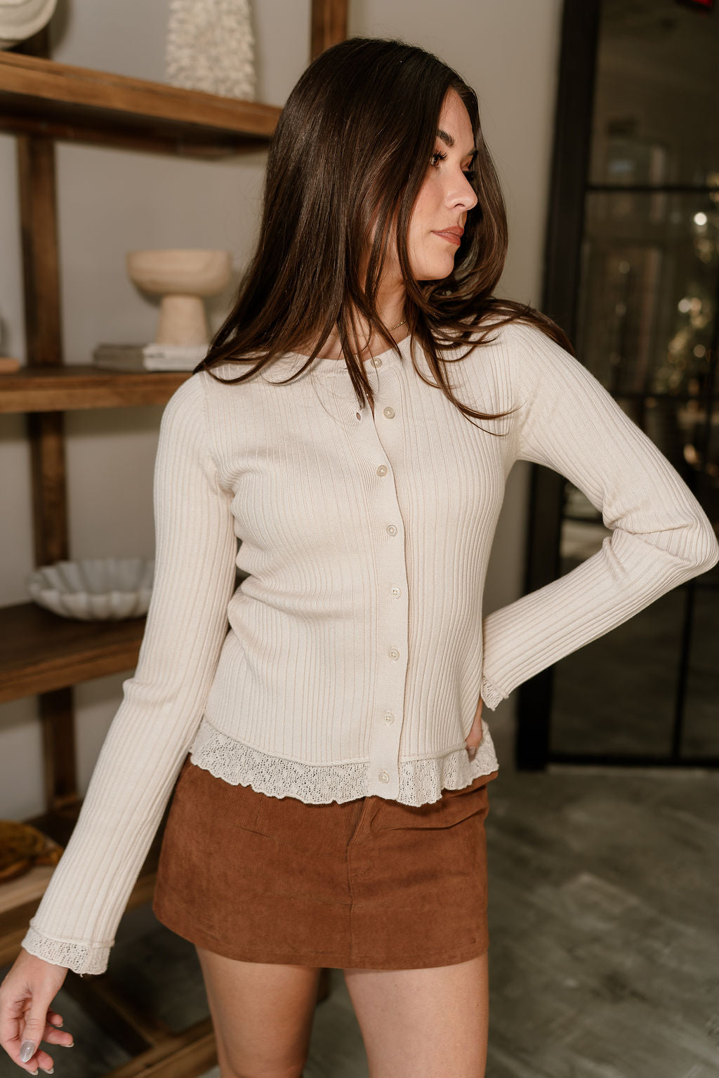 Brynlee Natural Ribbed & Lace Cardigan- frontal side view