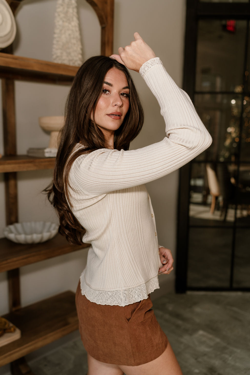 Brynlee Natural Ribbed & Lace Cardigan- side view