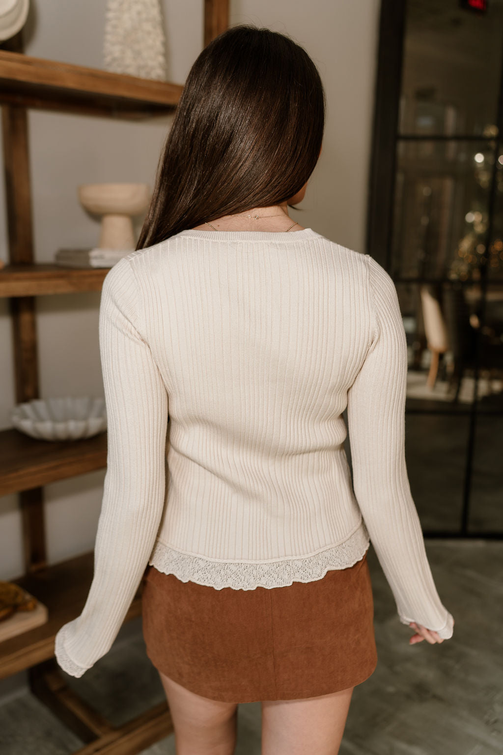 Brynlee Natural Ribbed & Lace Cardigan- back view