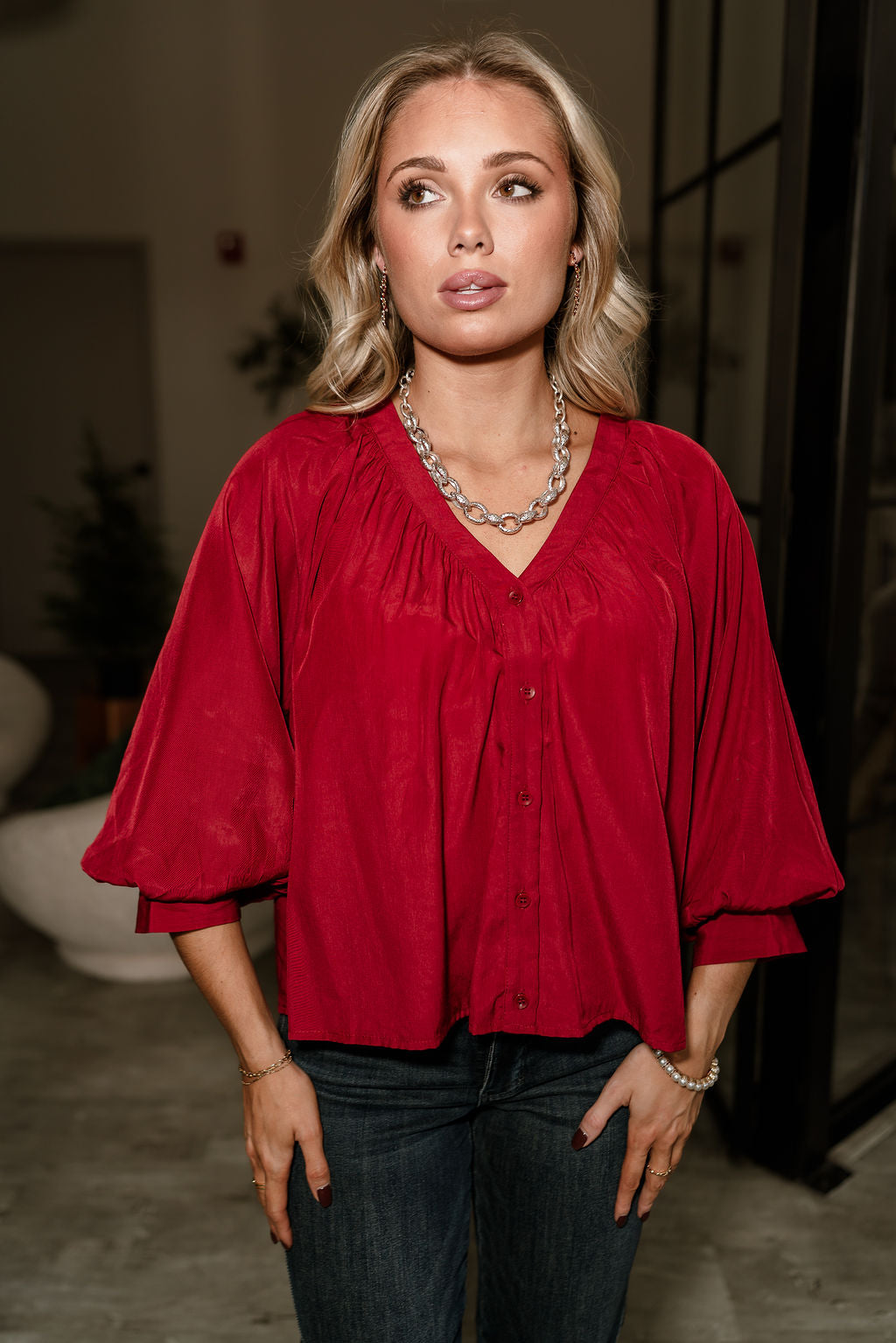 Alanna Deep Red Long Sleeve Top- front view