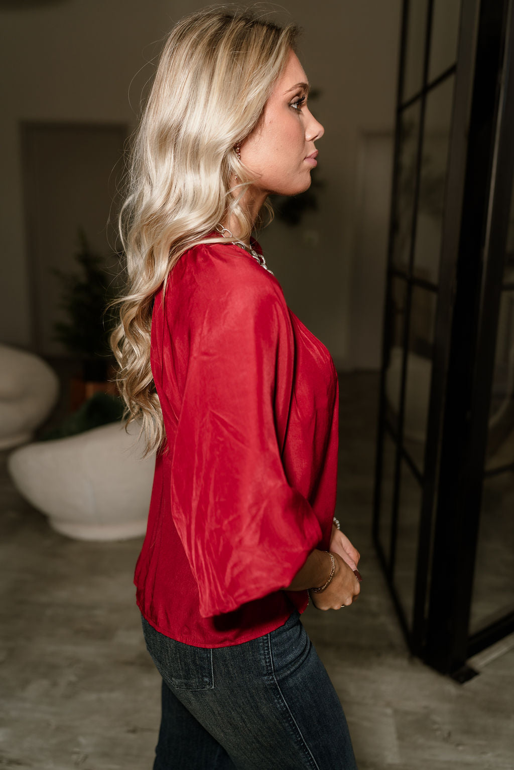 Alanna Deep Red Long Sleeve Top- close up side view
