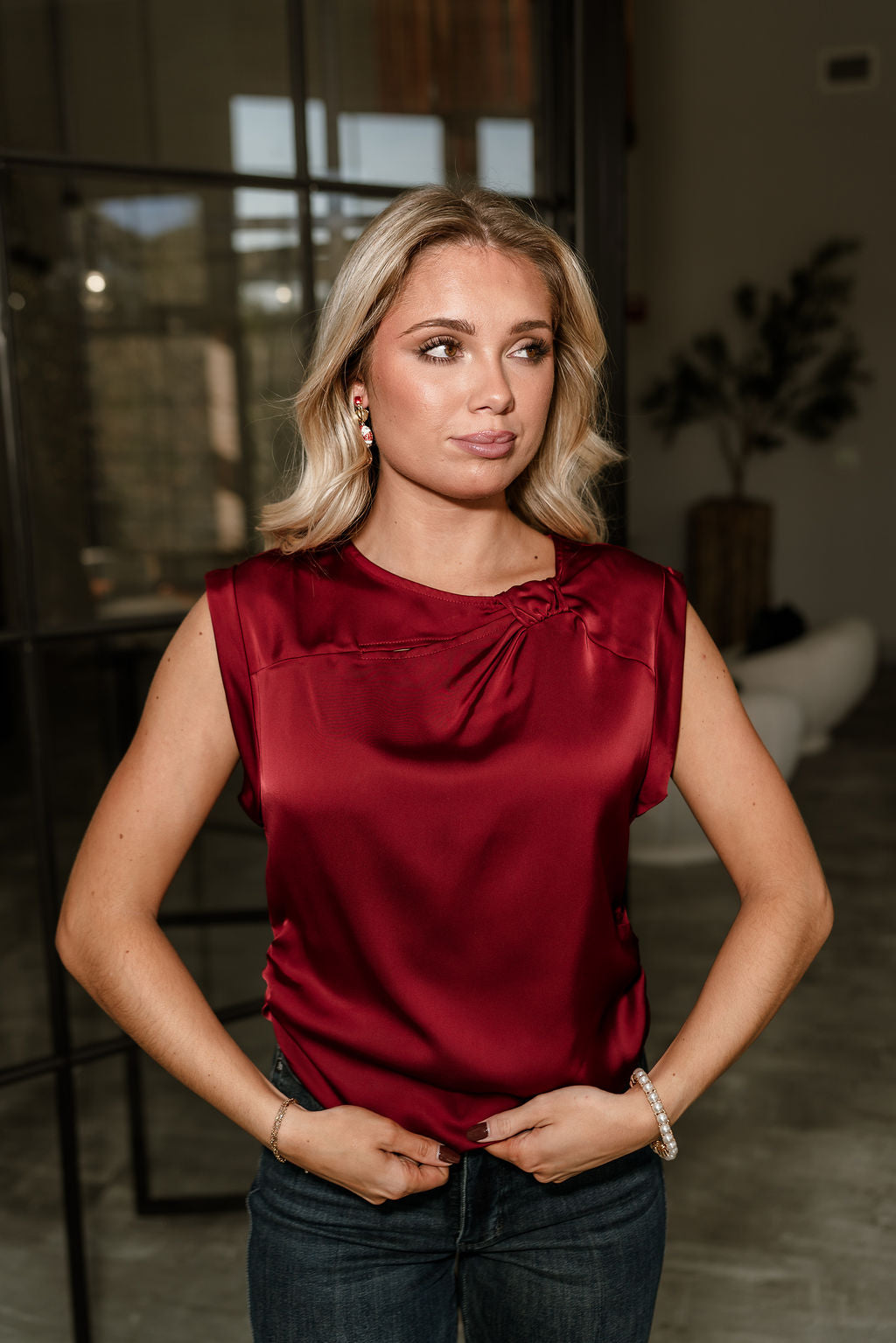 Delilah Burgundy Satin Sleeveless Top - front view