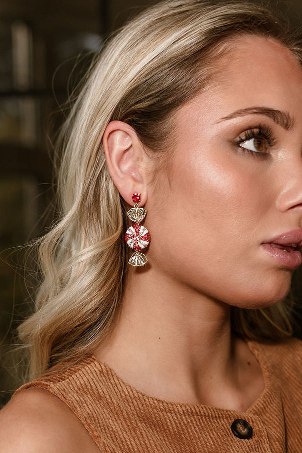 Peppermint Red & White Earrings - close up side view
