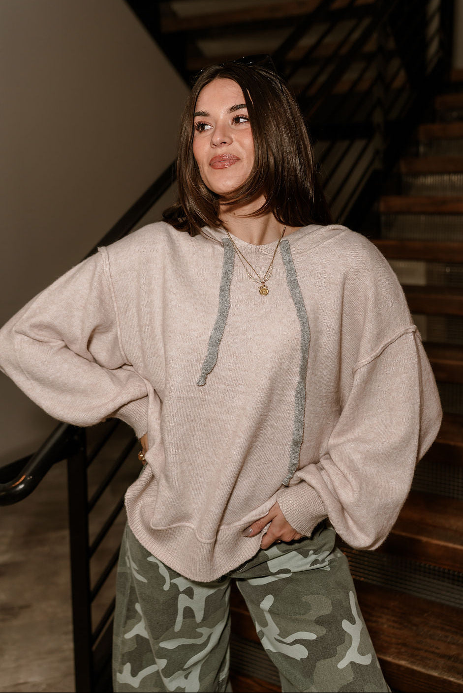 Logan Beige & Grey Hoodie Sweater - front 