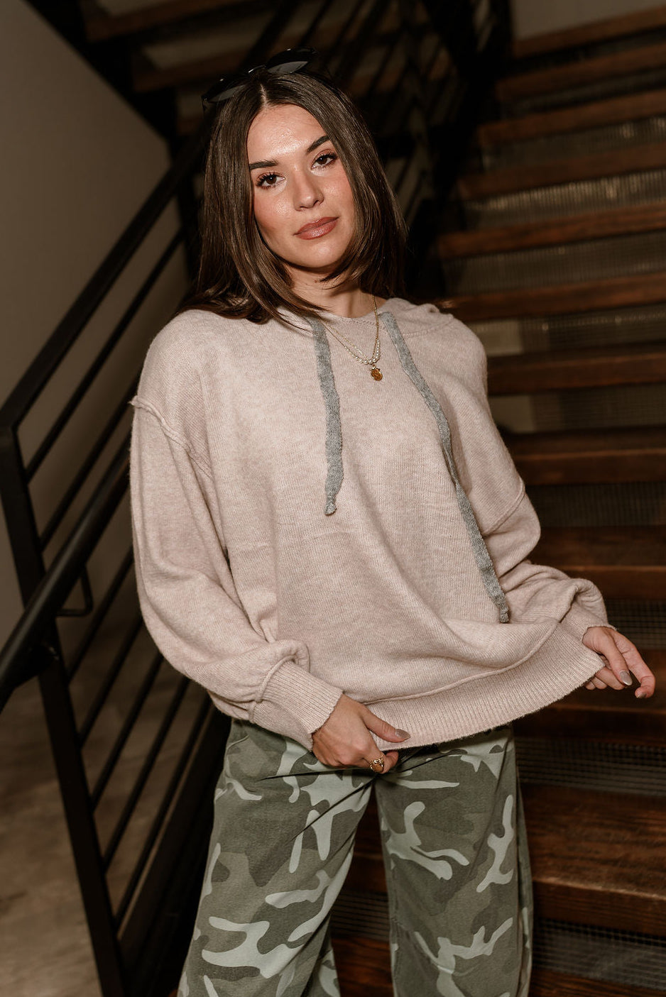 Logan Beige & Grey Hoodie Sweater - front view