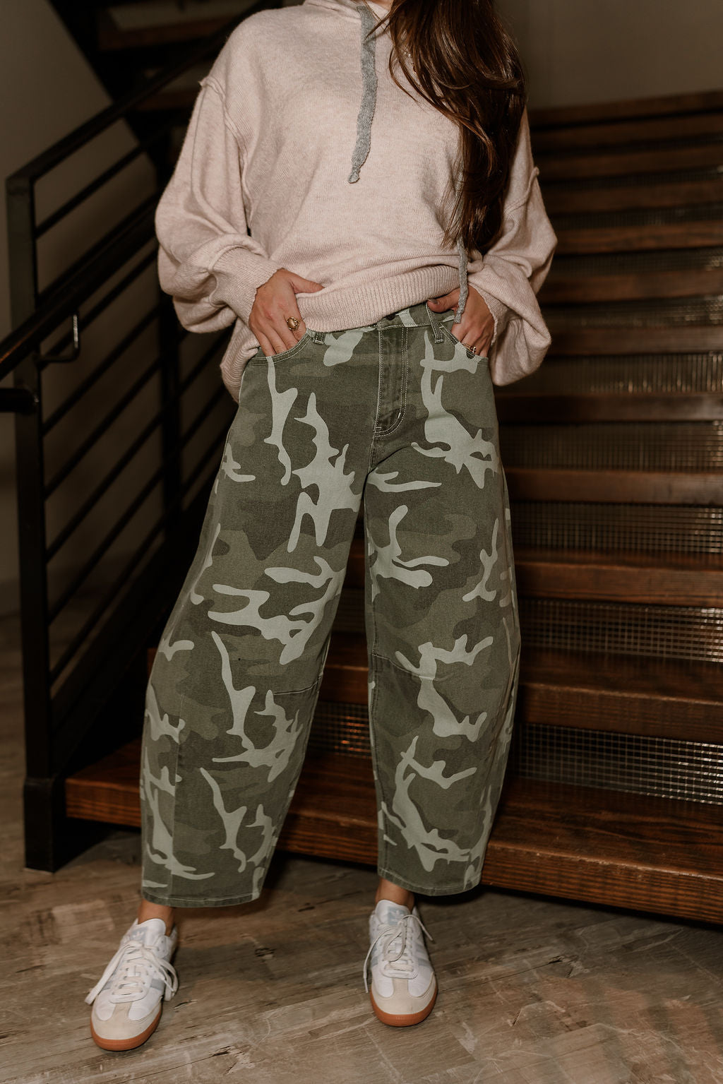 Kancan: Elise Camo Barrel Leg Jeans - lower body front view