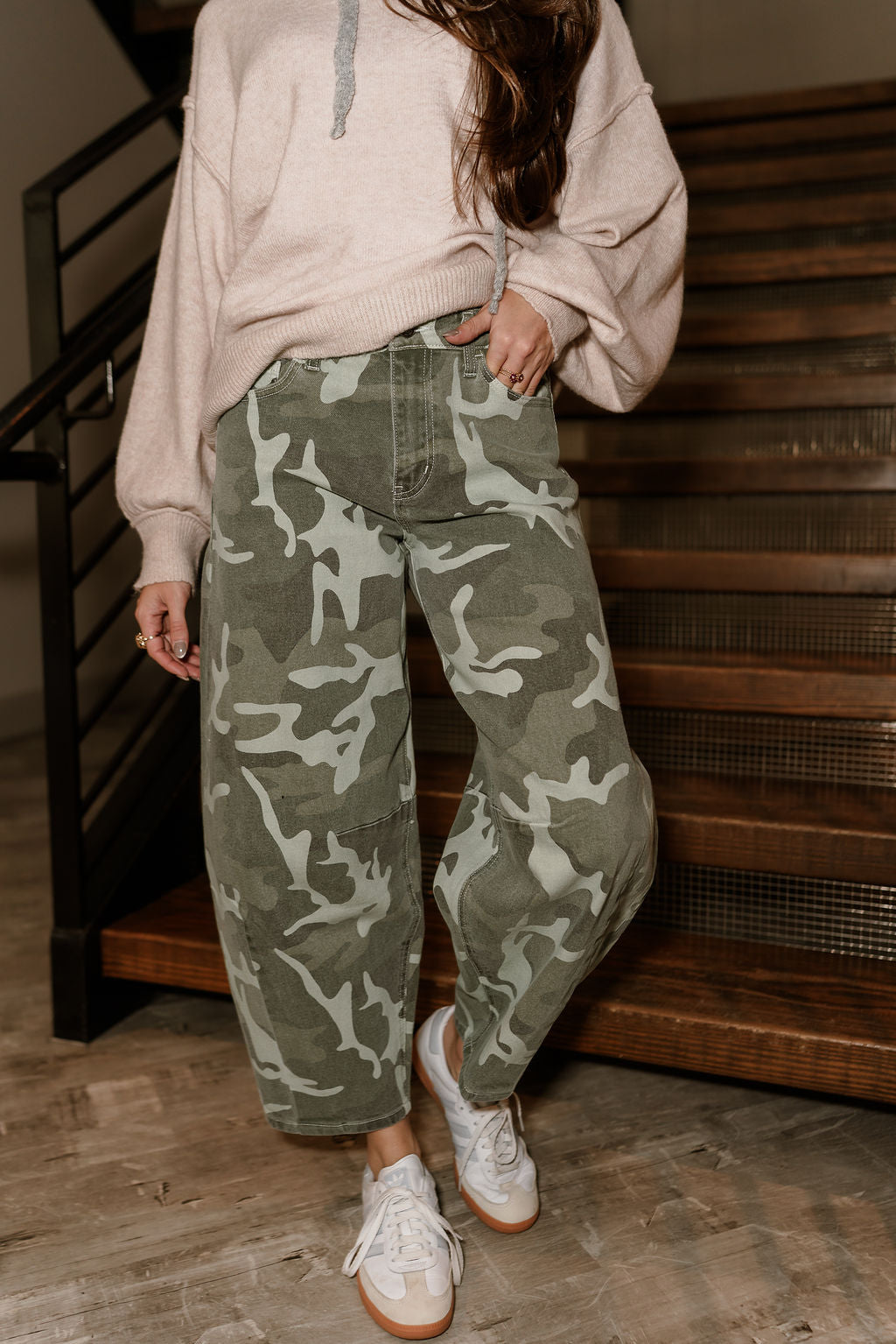 Kancan: Elise Camo Barrel Leg Jeans - lower front view