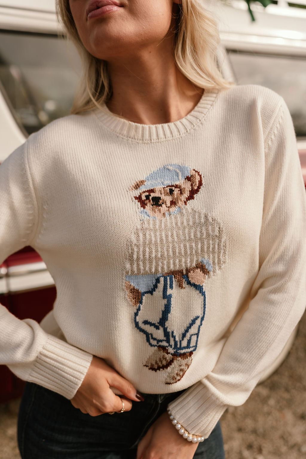 Tegan Ivory Teddy Bear Sweater- close up view
