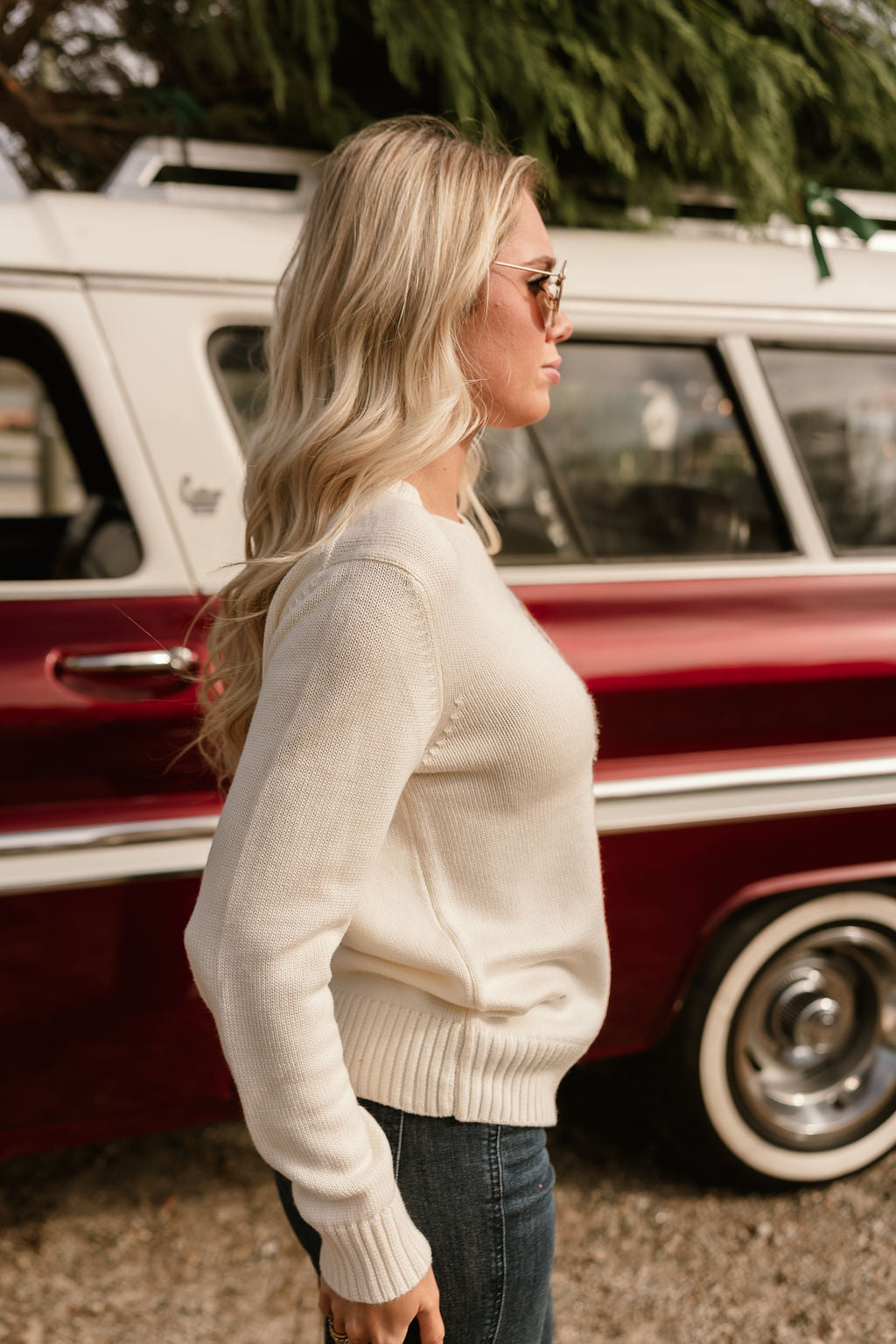 Tegan Ivory Teddy Bear Sweater- close up side view