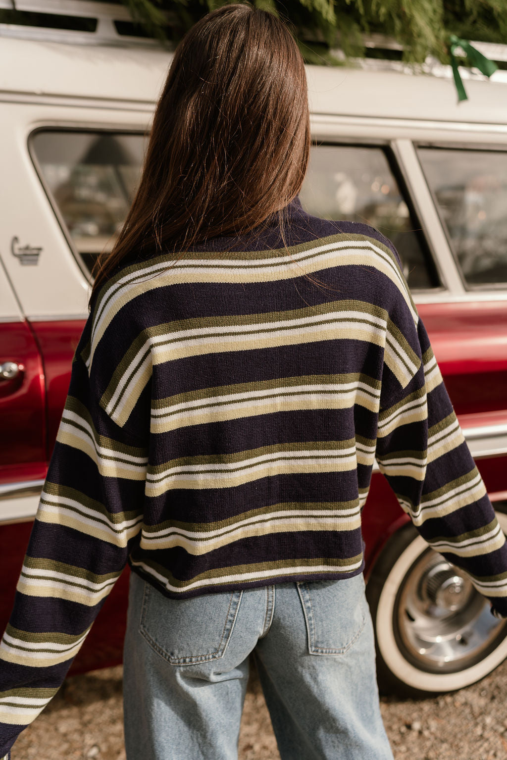 Millie Navy Multi Stripe Cardigan- close up back view