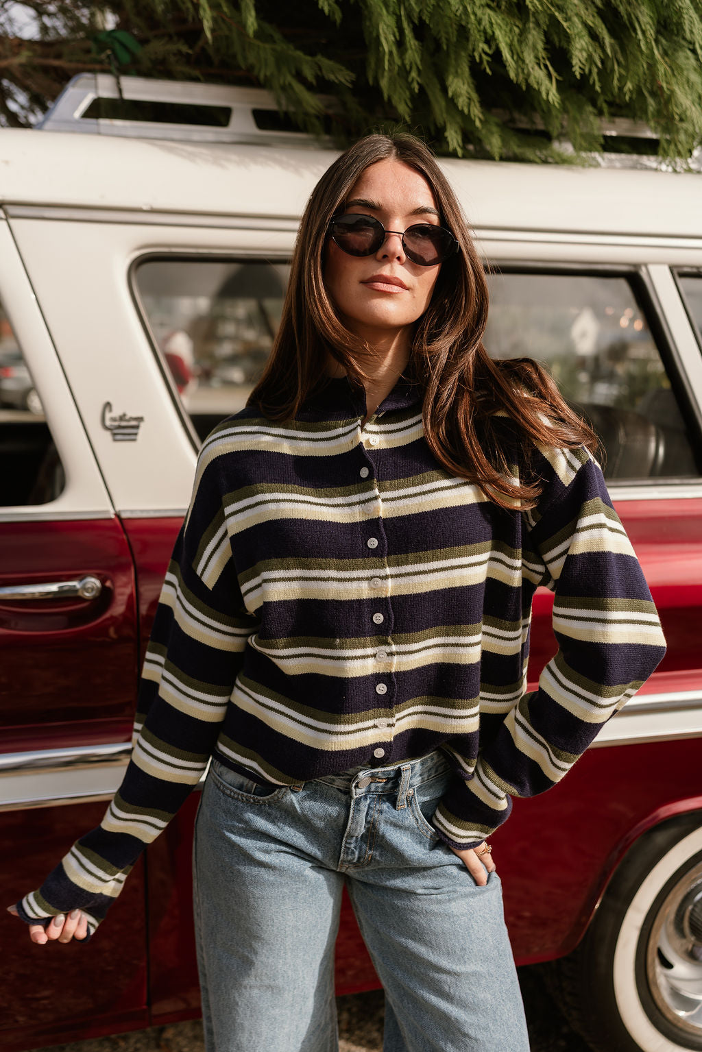 Millie Navy Multi Stripe Cardigan- front view