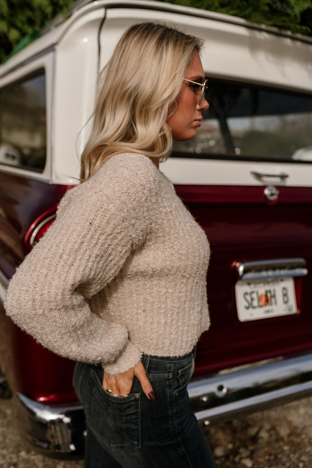 Selah Cream Textured Knit Cardigan- close up side view