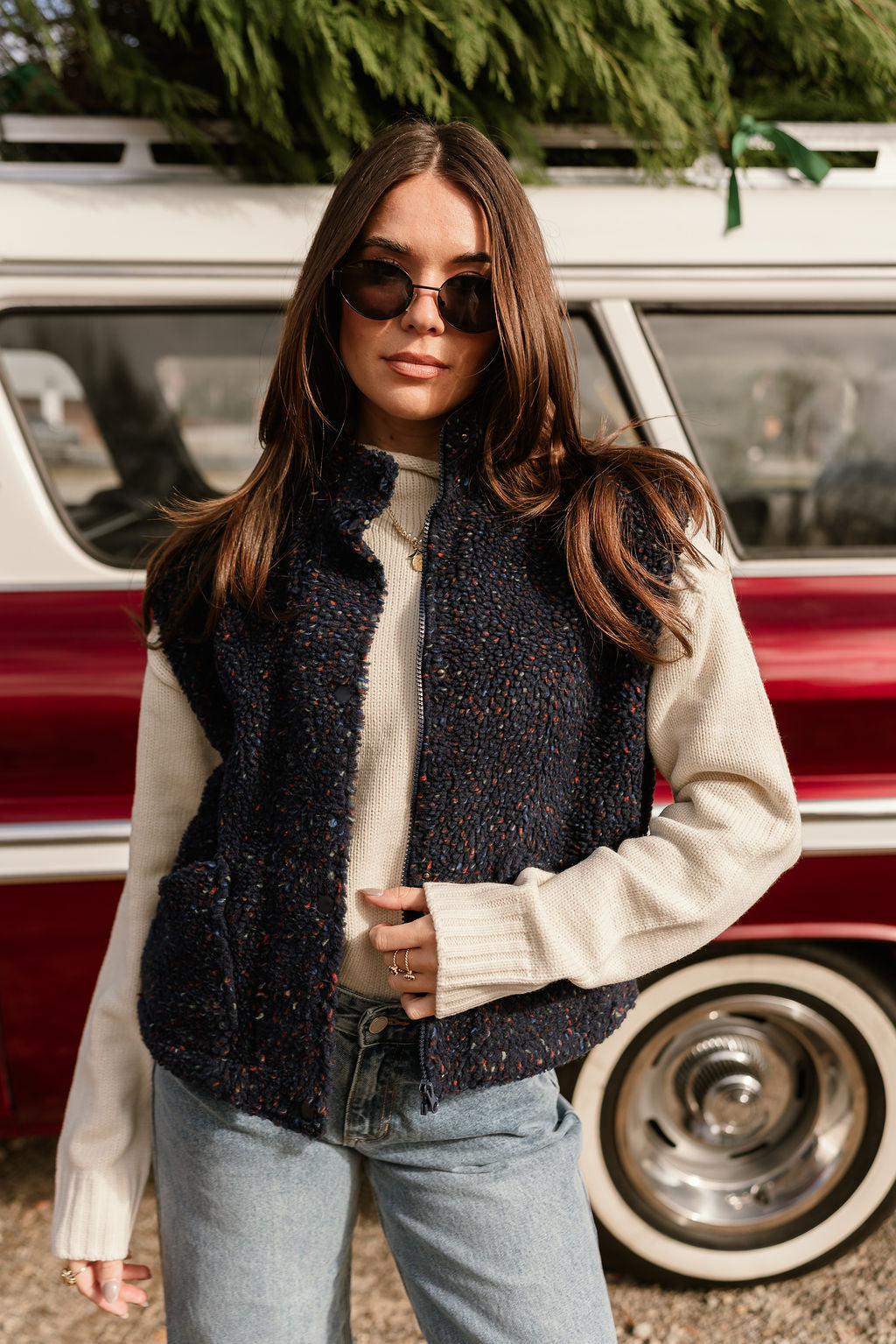 Dakota Navy Multi Sherpa Vest- front top view