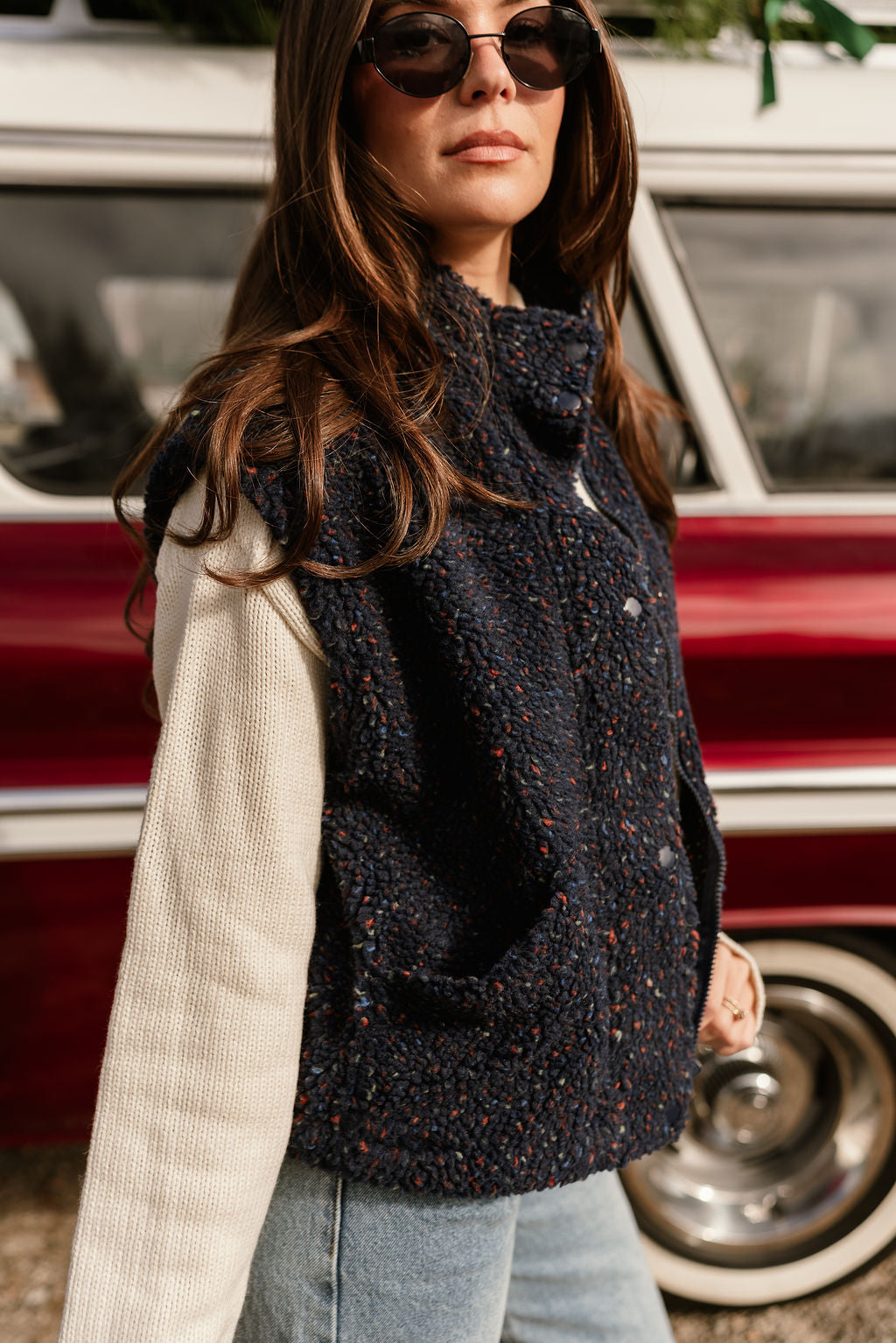 Dakota Navy Multi Sherpa Vest- close up frontal side view