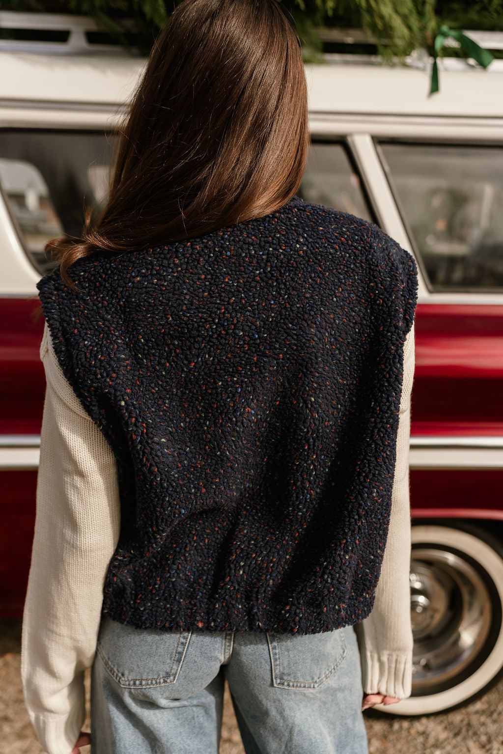 Dakota Navy Multi Sherpa Vest- close up top back view