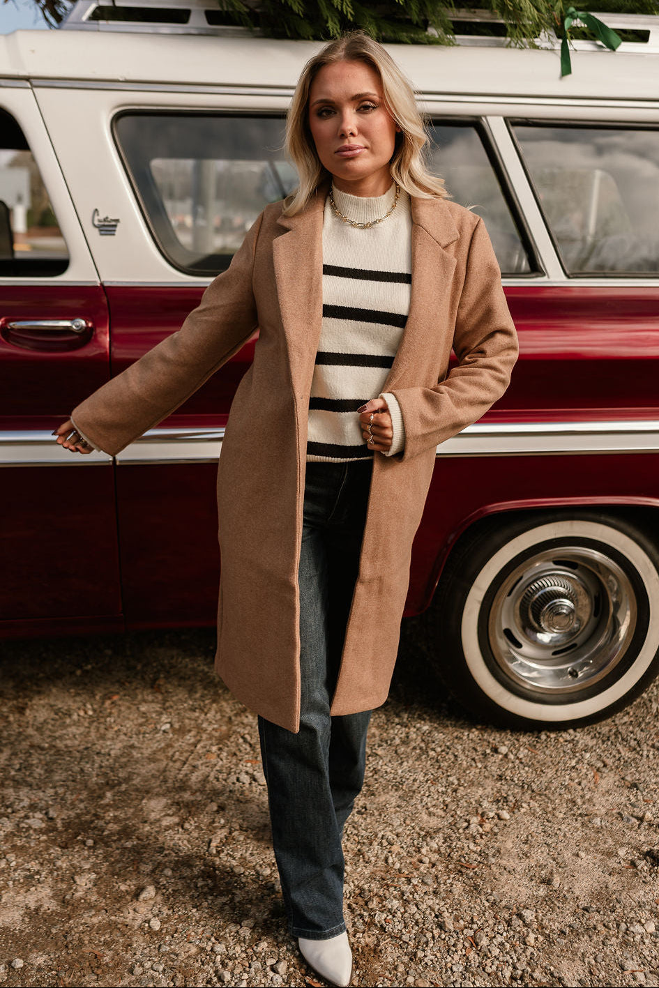 Sloan Camel Collared Midi Coat- full body view