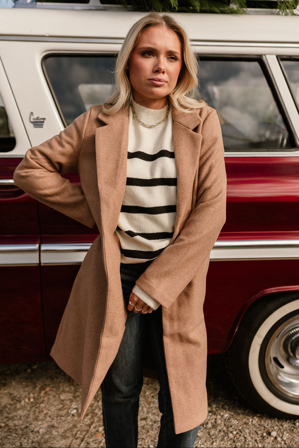 Sloan Camel Collared Midi Coat- front view