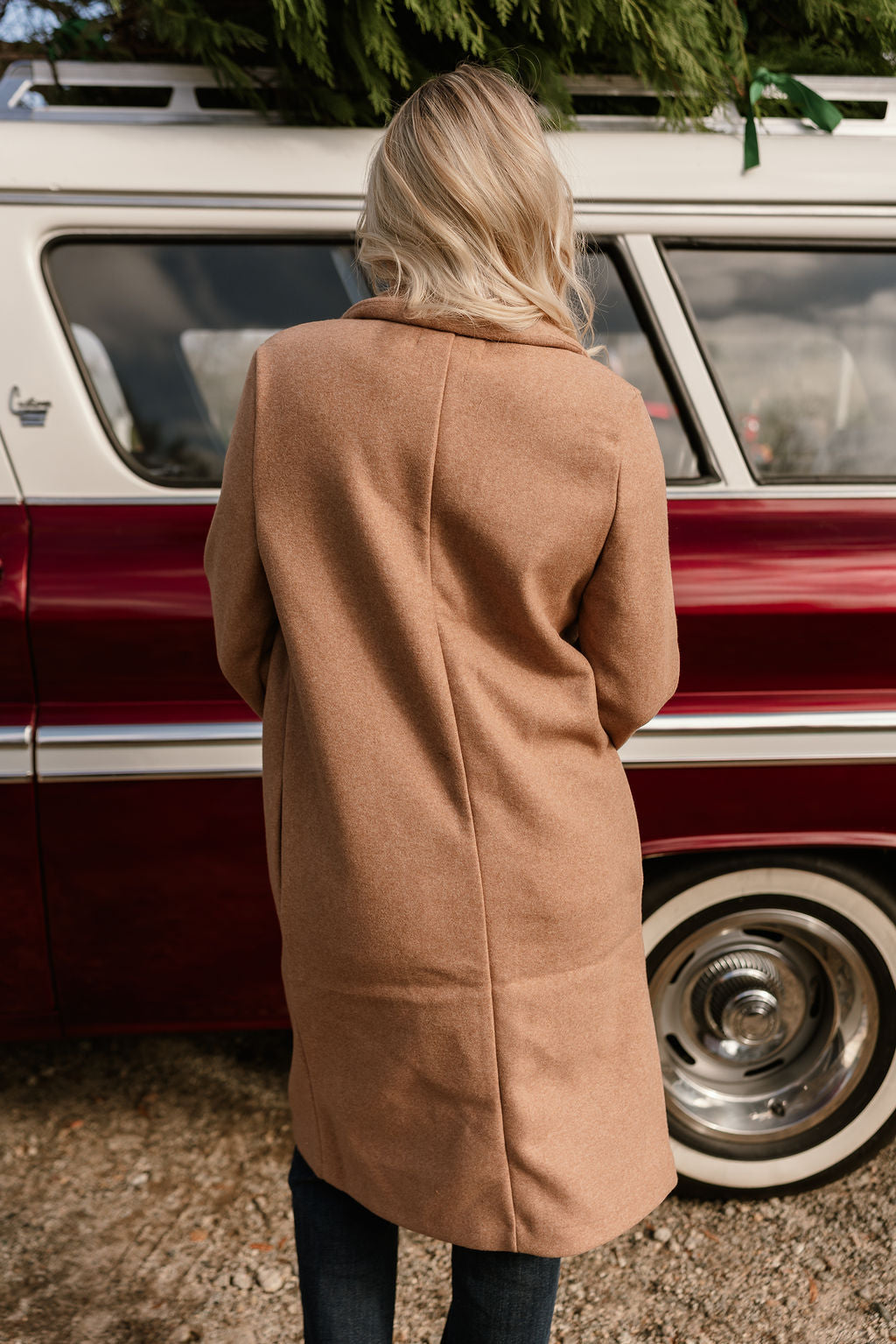Sloan Camel Collared Midi Coat- close up back view