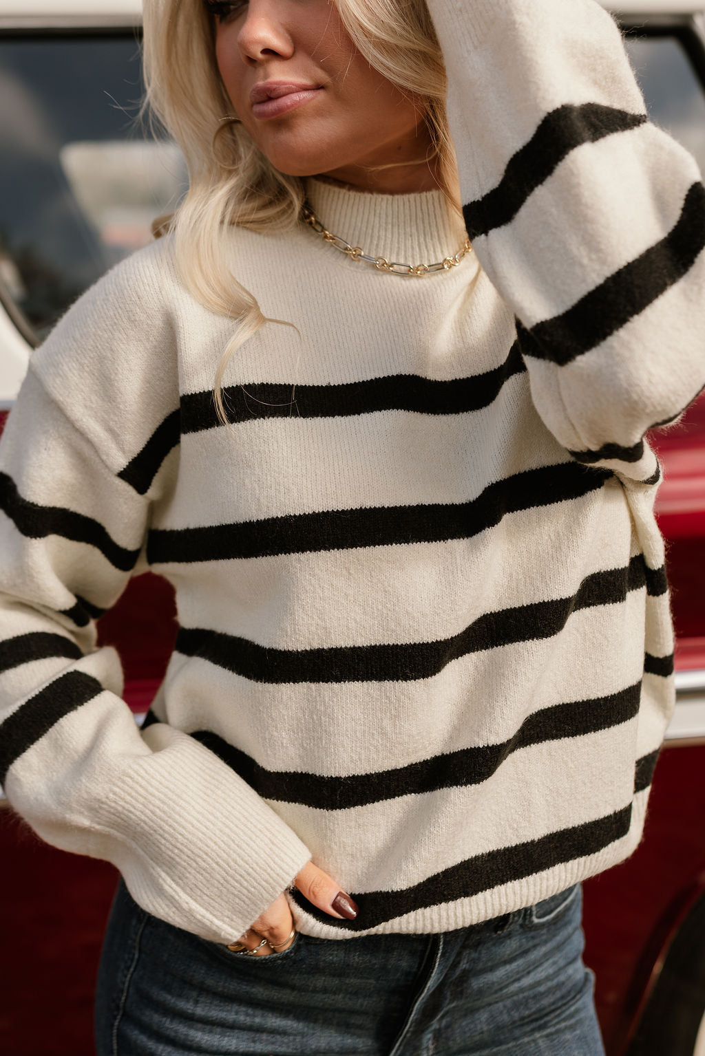 Blair Cream & Black Stripe Knit Sweater- close up front view