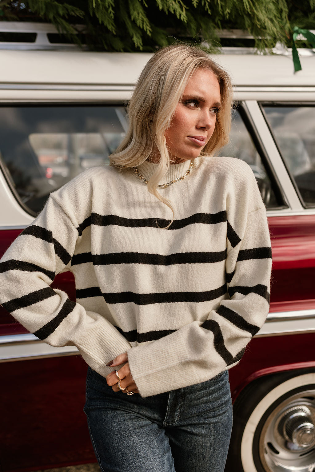 Blair Cream & Black Stripe Knit Sweater- front view