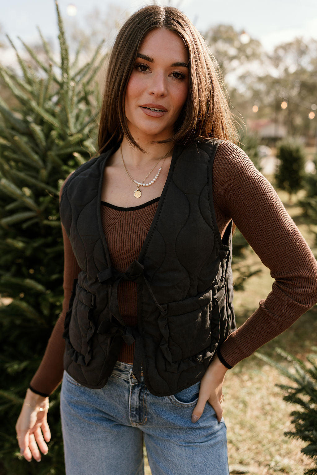 Lila Black Front Ties Vest- close up front view