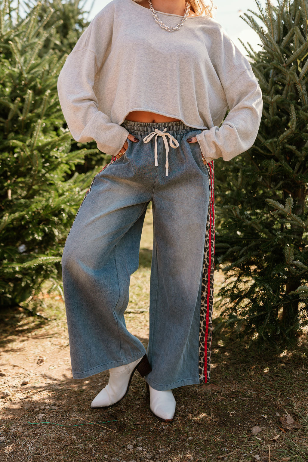 Khloe Cheetah & Red Denim Wide Leg Jeans- front view