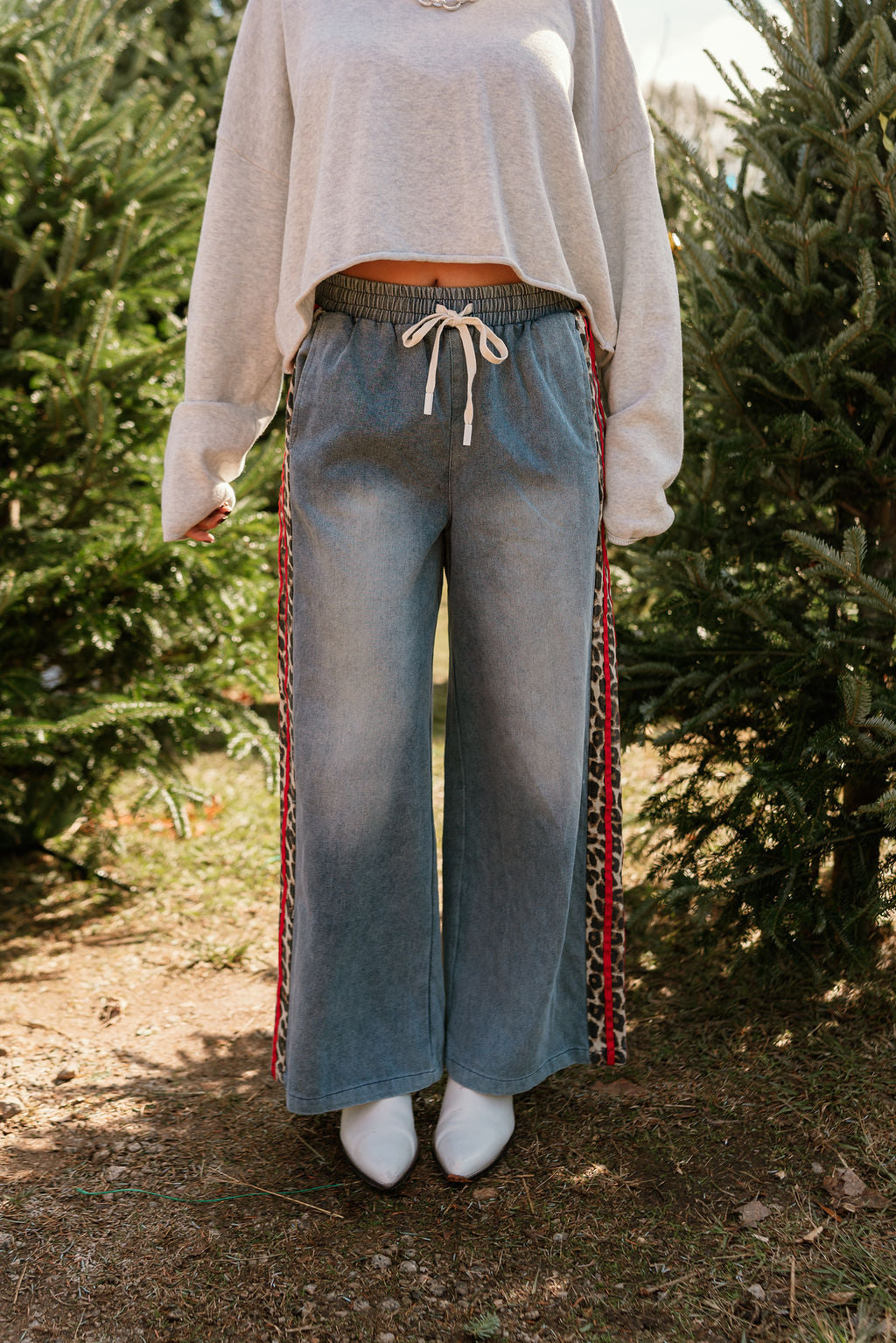 Khloe Cheetah & Red Denim Wide Leg Jeans- close up front view