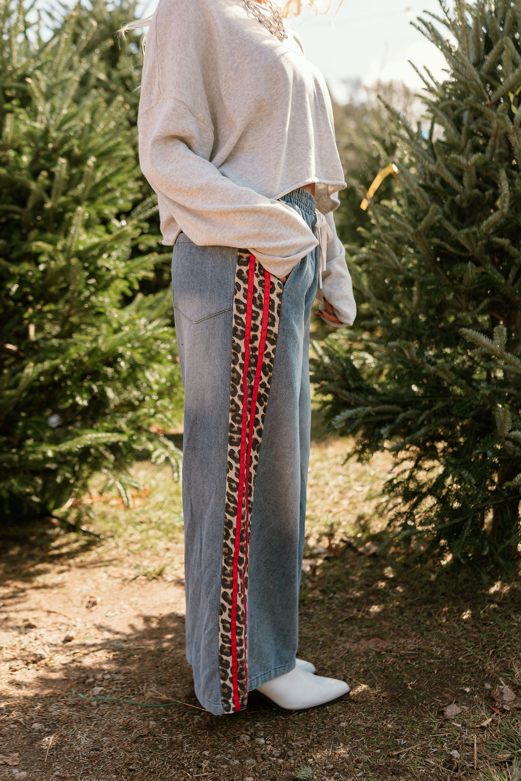 Khloe Cheetah & Red Denim Wide Leg Jeans- close up side view