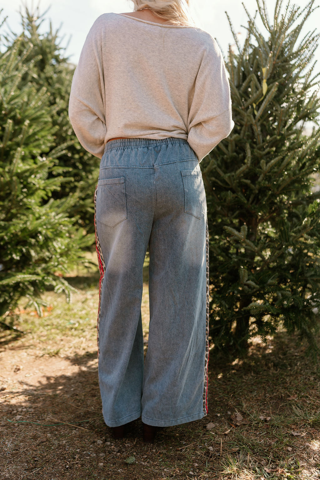 Khloe Cheetah & Red Denim Wide Leg Jeans- close up back view