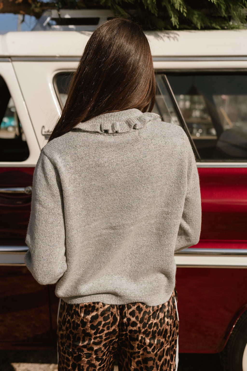 Bethanie Heather Grey Ruffle Cardigan - back view