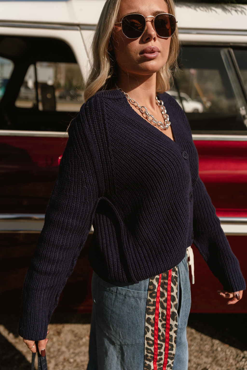 Brenley Navy Button Up Cardigan -frontal side view 