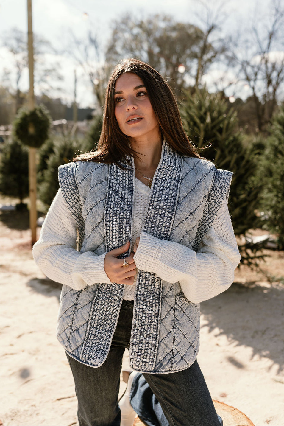 Jenny Washed Denim Quilted Vest - front view