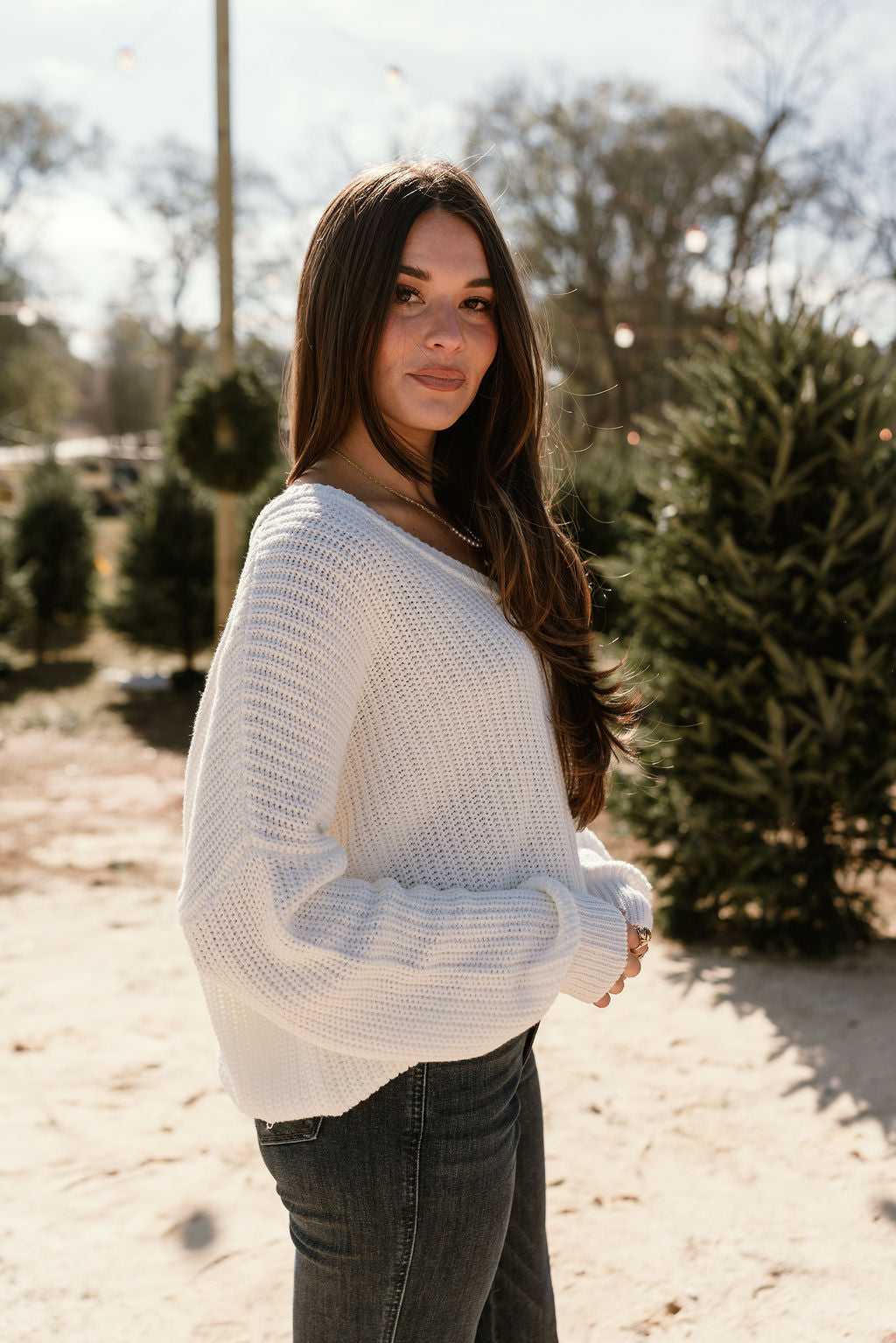 Lina White V-Neckline Sweater - side view