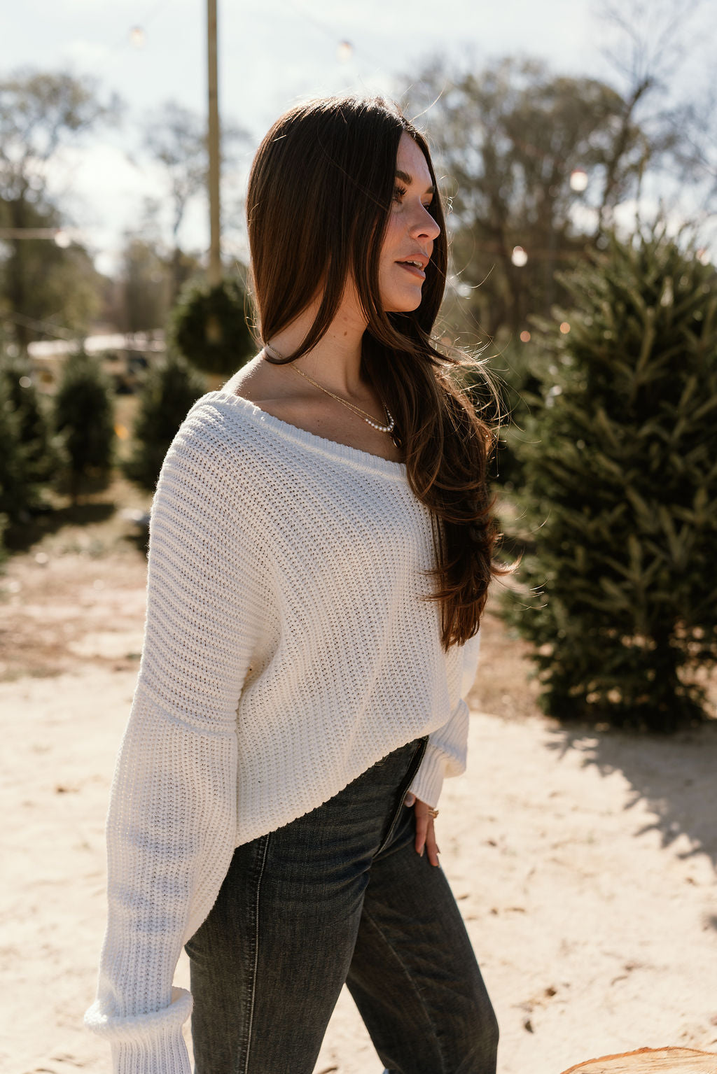 Lina White V-Neckline Sweater - frontal side view