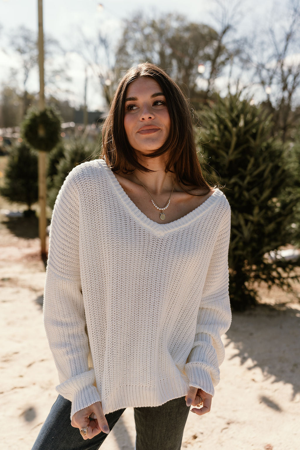 Lina White V-Neckline Sweater - front view