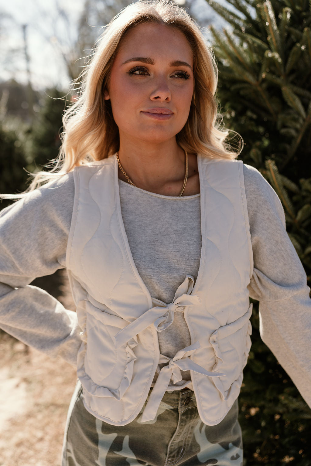 Lila Cream Front Ties Vest - close up front