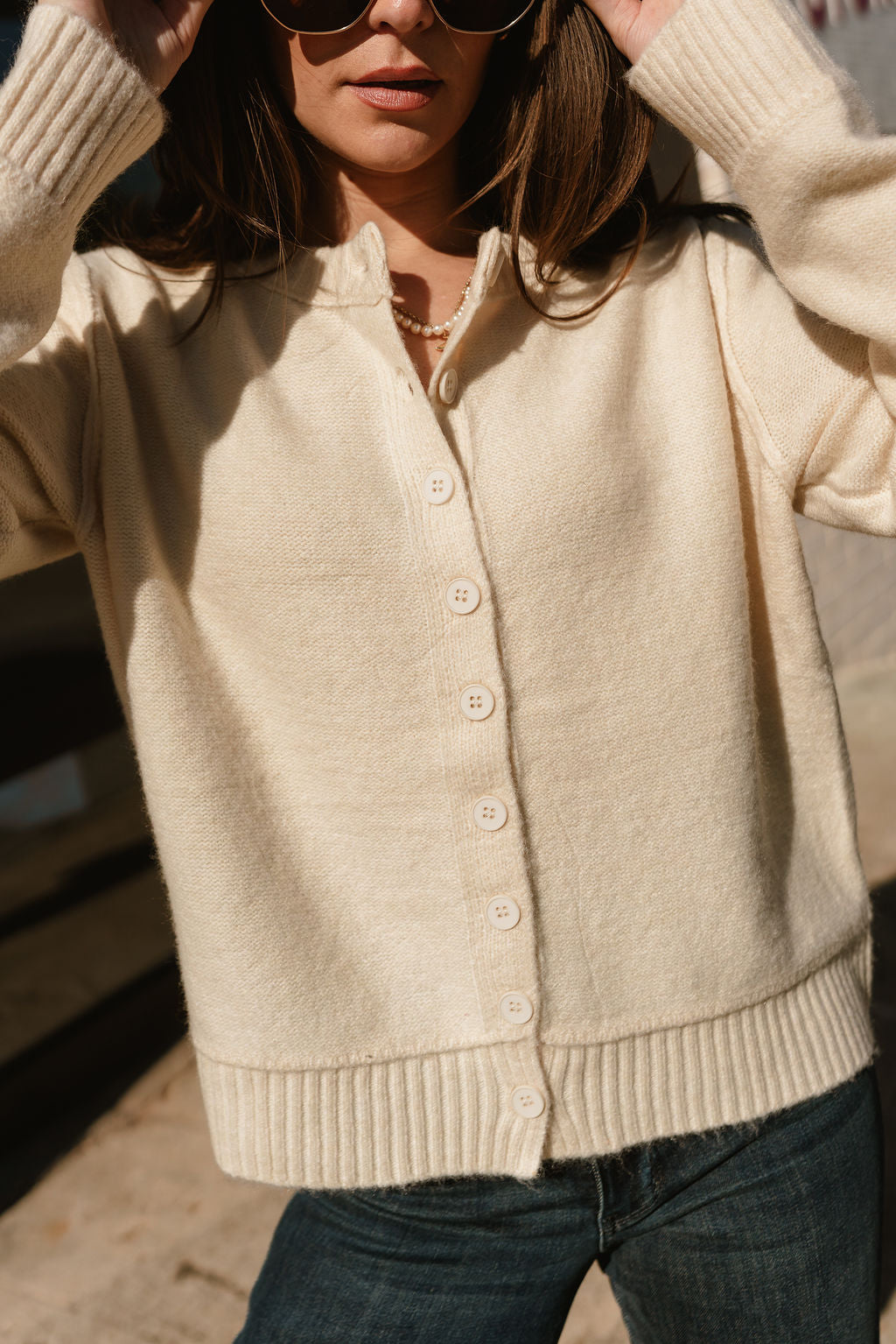 Delphine Pale Yellow Button Up Cardigan - close up front view