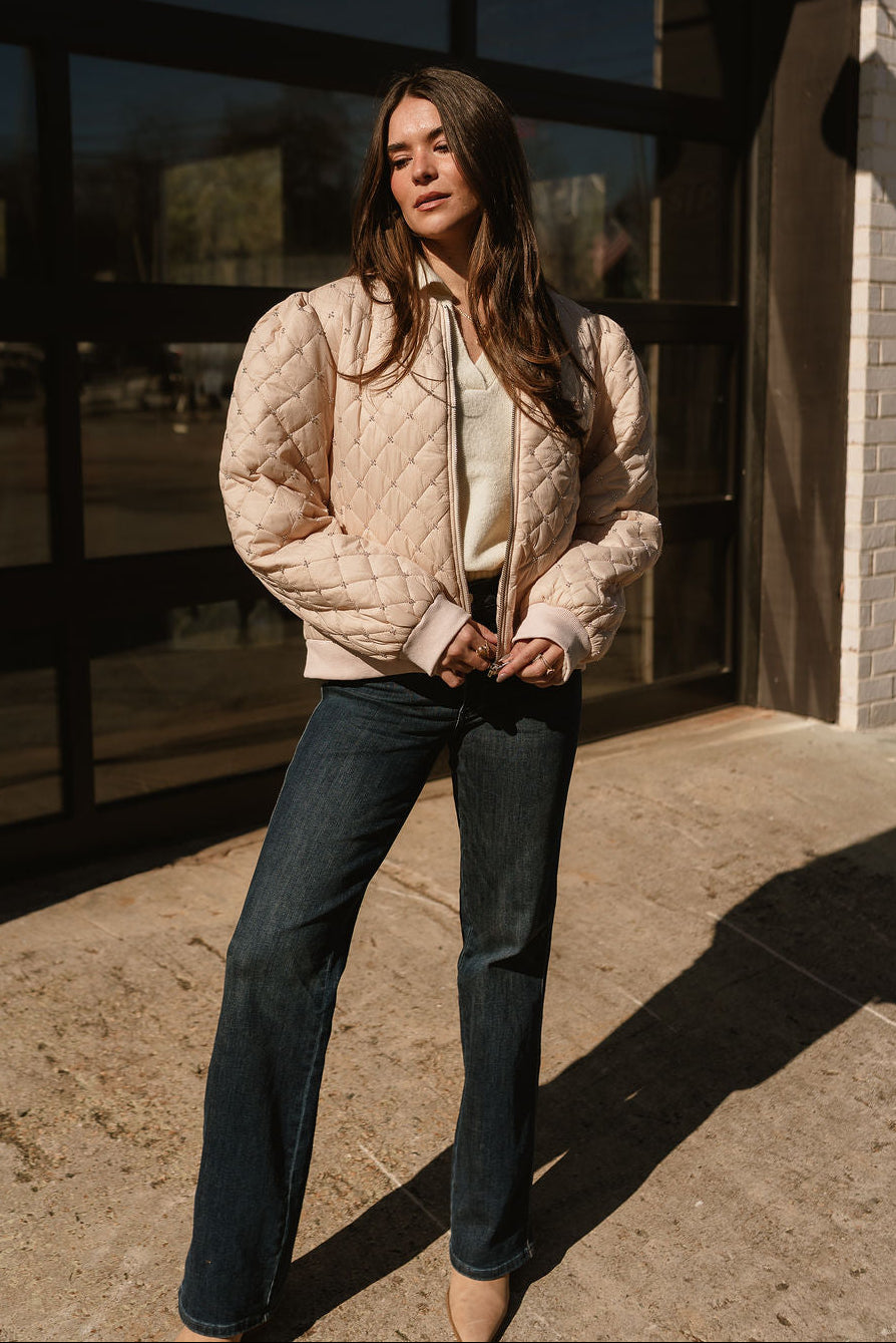 Georgina Taupe Quilted Rhinestone Jacket - full body front view